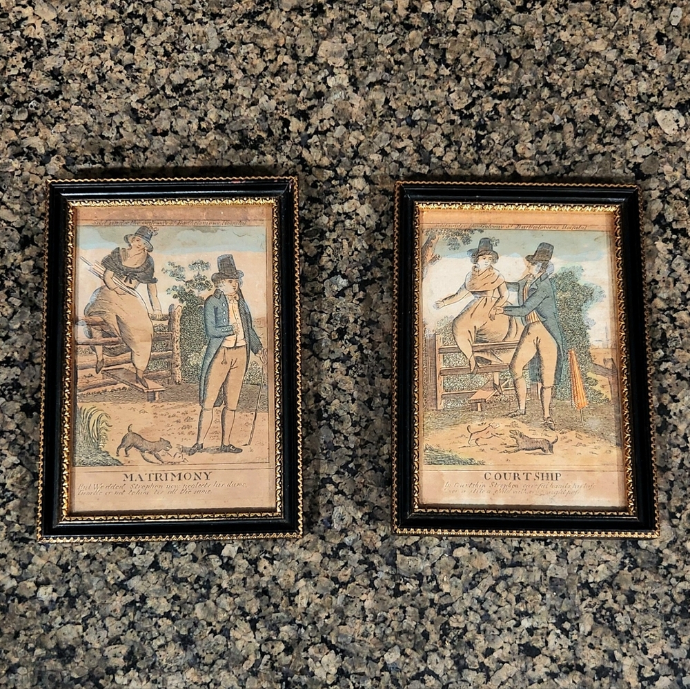 Georgian miniature titled "Matrimony" and "Courtship" 1800? century penny prints